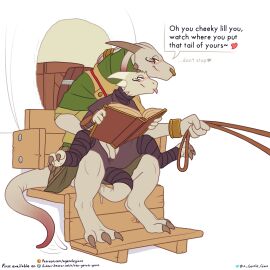 1:1 2024 ambiguous_penetration anthro anthro_on_anthro anthro_penetrated anthro_penetrating anthro_penetrating_anthro armor biped black_clothing blep blush bodily_fluids book bracelet bracers claws clothing digital_media_(artwork) dragonborn_(dnd) dungeons_and_dragons duo english_text eri_dalin facial_piercing female female/female female_penetrated female_penetrating female_penetrating_female genital_fluids green_clothing hasbro heart_symbol hi_res holding_book holding_object horn jewelry kobold larger_female monotone_background nose_piercing nose_ring penetration piercing pussy pussy_juice_through_clothing red_body reins ring_piercing scalie sex siffo simple_background sitting size_difference smaller_female spread_legs spreading text the_gentle_giant toe_claws tongue tongue_out vaginal_fluids wet wet_clothing white_background white_body wizards_of_the_coast