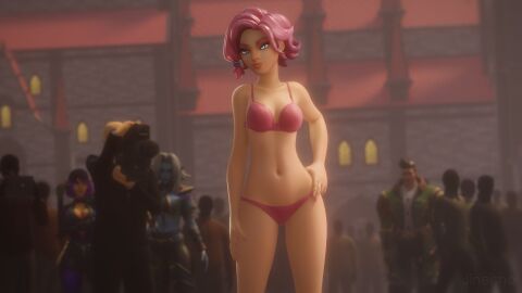 1girls 3d belly belly_button blue_eyes confident exibitionism female fingernails hand_on_hip happy jineisho lingerie looking_away maeve_(paladins) nail_polish paladins pink_eyebrows pink_hair pink_nails pink_underwear pose posing public saati_(paladins) short_hair skye_(paladins) slim slim_waist smile smiling smirk underwear village