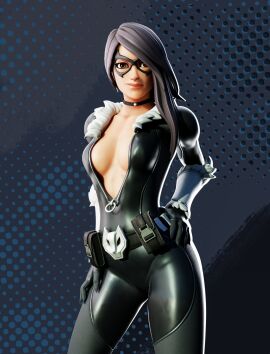 3d black_cat_(cosplay) black_hair black_outfit breasts brown_eyes cat_girl cosplay eye_mask face_mask feline female fortnite fortnite:_battle_royale hand_on_hip hips long_hair looking_at_viewer looking_seductive marvel marvel_comics maya_(fortnite) neckwear no_bra open_shirt showing_breasts smiling smiling_at_viewer zayd_koz