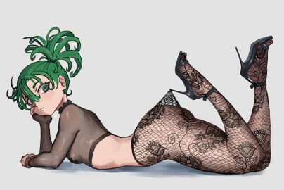 alternate_costume alternate_hairstyle ass black_shoes breasts crop_top cross cross_pasties female floral_print_pantyhose green_hair grey_background hair_between_eyes hair_tie hair_up head_rest high-waist_pantyhose high_heels highres hooked_on_heel lace_pantyhose lace_pantyhose_hooked_on_heel_(meme) long_sleeves looking_at_viewer lying meme midriff on_stomach one-punch_man pantyhose pasties sagaandersart see-through_clothes shoes short_hair simple_background small_breasts solo tatsumaki