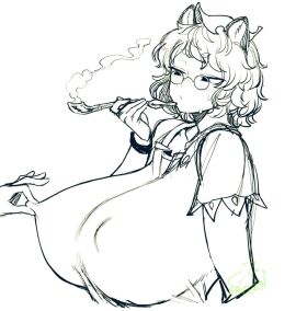 1girls blush_lines breasts disembodied_hand female glasses huge_breasts mamizou_futatsuiwa monochrome nipple_pinch pinching_nipples smoking smoking_pipe spacezin tanuki tanuki_girl tanuki_humanoid touhou