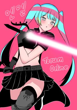 1girls adventurer_(toram_online) blue_hair crop_top female no_panties skirt toram_online tutorial_angel twintails white_eyes