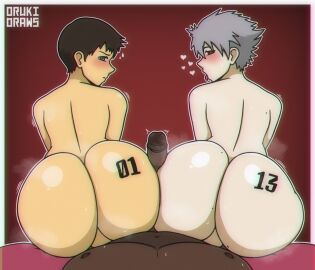 3boys alternate_double_buttjob ass assjob big_ass big_penis blush brown_hair buttjob dark-skinned_male double_buttjob femboy gay kaworu_nagisa light-skinned_male male male/male male_only musk musk_clouds neon_genesis_evangelion orukidraws penis pov shinji_ikari spots sweat tattoo tongue_out white_hair yaoi