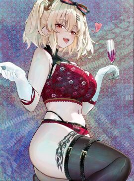 black_thighhighs blonde_female blonde_hair burnice_white eyewear_on_head female hoyoverse lingerie mihoyo red_eyes red_lingerie thick_thighs thighhighs tongue_out tongue_piercing wine_glass zenless_zone_zero