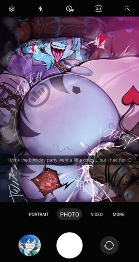 1girls 2boys after_sex anal ass balls ballsack big_ass big_breasts big_butt birthday birthday_hat black_sclera blue-skinned_female blue_hair blue_lipstick blue_skin blush breasts cant_see_the_haters caption chains choker clothing clover_earring clover_earrings cum cum_drip cum_in_pussy cum_inside dangling_balls dangling_testicles dark-skinned_male dark_skin double_v erection female female_focus foreskin foreskin_folds humanoid_penis impregnation jsq012 leash lipstick lipstick_mark lipstick_on_penis low_hanging_balls male male_pubic_hair mascara mascara_tears opaluva_(character) partially_clothed penis penis_awe penis_covering_eyes penis_on_face penis_over_eyes phone_screen project_moon pubic_hair pussy retracted_foreskin ripped_clothing scrotum sharp_teeth slap_mark snapchat stray_pubic_hair swinging_penis tail tail_around_penis testicles thick_thighs thighhighs tongue tongue_out uncircumcised uncut veiny_penis