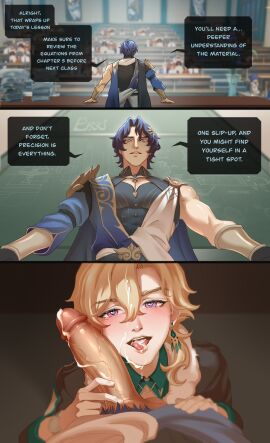 2boys aventurine_(honkai:_star_rail) blonde_hair blonde_male blue_hair bushy_pubes classroom cum cum_in_mouth cum_on_face dr._ratio_(honkai:_star_rail) earrings english_text gay heart-shaped_pupils hidden honkai:_star_rail looking_down male muscular muscular_arms muscular_male pants_down pubic_hair public purrana stealth_fellatio stealth_sex under_the_table yaoi