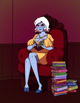 1girls alien alien_girl alien_humanoid armchair big_breasts blue_skin boob_window book book_stack books breasts breasts_bigger_than_head busty cleavage cleavage_window comfy couch dress female female_only freckles goat_hooves holding_book holding_object hooves humanoid humanoid_female hyper_breasts luxurious no_nose o'pai_(aquaterrius) open_book pile_of_books reading reading_book red_eyes red_sclera short_dress short_hair sitting small_but_busty smiling sofa solo solo_female solo_focus tau top_heavy unguligrade unguligrade_anthro unguligrade_feet unusual_eyes unusual_pupils warhammer_(franchise) warhammer_40k white_hair xenophilia yellow_dress