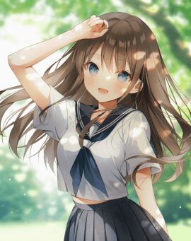 ai_assisted ai_generated animated areolae arm_up bare_shoulders black_hair blue_eyes blue_sailor_collar blush bottomless breasts cleavage clothes_pull collarbone completely_nude day female large_breasts long_hair looking_at_viewer midriff navel nipples nude nude_filter open_mouth outside serafuku skirt skirt_pull sweat third-party_edit undressing weri