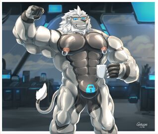 2022 abs absurd_res anthro areola bara biceps big_muscles biped black_body black_fur blue_eyes eyewear eyewear_on_head felid flexing flexing_bicep fur glasses glasses_on_head glaucablitz hi_res holding_coffee_mug lion lock_bulge looking_at_viewer male mammal mane muscles muscular muscular_anthro muscular_male muscular_sub nipple_piercing nipple_ring nipples pantherine pecs piercing pink_nipples ring_piercing solo standing submissive submissive_anthro submissive_male white_body white_fur white_mane yaoi