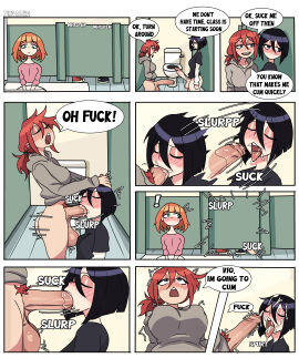 1girls 2futas balls bathroom bathroom_stall big_balls big_penis black_hair bottomless comic cum duo_focus english_dialogue english_text face_fucking facial fellatio female futa_focus futa_on_futa futanari huge_balls huge_cock huge_testicles human intersex light-skinned_futa light_skin oral oral_sex orange_hair original original_character original_characters overhearing_sex penis pubic_hair public public_sex red_hair restroom_stall self_upload skye_(tingalinguy) speech_bubble testicles tingalinguy toilet violet_(tingalinguy)