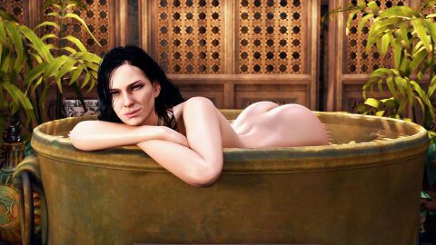 3d ass ass_up bath bathing black_hair completely_nude female hbnoob light-skinned_female light_skin looking_at_viewer nude purple_eyes solo the_witcher_(series) the_witcher_3:_wild_hunt yennefer