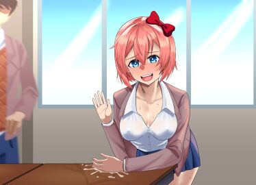 after_sex blush blushing_at_viewer creampie cum_on_table doki_doki_literature_club embarrassed female kahullt looking_at_viewer sayori_(doki_doki_literature_club) sitting waving waving_at_viewer