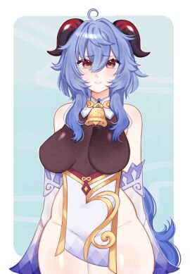 blue_hair breasts female ganyu_(genshin_impact) genshin_impact horns large_breasts mihoyo minguu_rine nipples stomach thick_thighs tummy