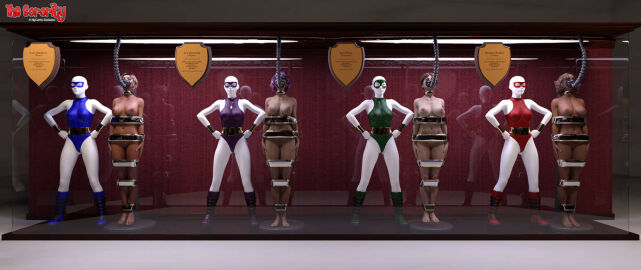 3d 4girls blue_leotard bound bound_arms bound_legs completely_nude domino_mask female female_only full_body green_leotard leotard mannequin mask multiple_females multiple_girls nude nude_female original original_character purple_leotard red_leotard superheroine thejpeger trophy_case