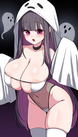 1girls :o absurdres black_choker black_hair blush breasts choker cleavage female female_only ghost halloween highres hood huge_breasts leotard light-skinned_female light_skin looking_at_viewer multicolored_hair navel oha_(oha_h22) original purple_eyes purple_hair see-through_clothes see-through_leotard skindentation solo thighhighs two-tone_hair white_thighhighs