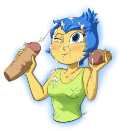 1girls blue_eyes blue_hair breasts cum cum_in_mouth cum_on_body cum_on_breasts cum_on_face cum_on_hair disney double_handjob dress faceless_character faceless_male female female_only handjob holding holding_penis inside_out inside_out_2 joy_(inside_out) male mmf_threesome multiple_boys multiple_males open_mouth penis pixar short-haired_female short_hair solo solo_female solo_focus stewsspicyblog tagme yellow_body yellow_skin