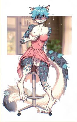 anthro aroused blue_hair blue_spots blush bodily_fluids breasts chair clothed clothing dress exposed_breasts felid female frank-79 fur furniture genital_fluids genitals grey_body grey_fur hair hi_res looking_at_viewer mammal multicolored_body nipple_piercing nipples orgasm pantherine piercing pink_clothing pink_dress public public_nudity purple_eyes pussy sex_toy shaking shaking_legs shaking_orgasm simple_background sitting snow_leopard solo spots two-tone_body undressing upskirt vaginal_fluids vibrator white_body white_fur