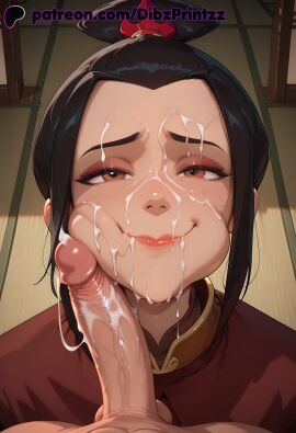 1boy after_fellatio ai ai_assisted ai_generated anime artist_name avatar_legends avatar_the_last_airbender azula black_hair blush brown_eyes cheek_press closed_mouth cum dibzprintz erection facial female forehead hi_res high_quality high_resolution highres lips looking_at_viewer nickelodeon nicktoons penis penis_on_face pov smile solo_focus straight testicles uncensored watermark