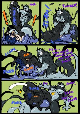 absorption absorption_vore anthro ass assimilation avian balls beak bearcat belly belly_bulge belly_mouth big_balls big_penis bird blue_body chest_tuft cock cock_vore comic cum dialogue dick elbow_tuft flexing furry fusion gay genital_growth goatee goo_creature grey_body growth head_tuft homosexual hyper hyper_balls hyper_penis male male/male male_only mane merging muscle_growth muscles penis penis_growth semen shapeshifter slicing slime stripes tentacle testicles tongue tongue_out toucan trencalos vein veiny_penis vore vore_belly whiskers