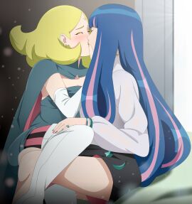 2girls ada_(boruto) bent_over blonde_hair blue_and_pink_hair blue_hair blunt_bangs boruto:_naruto_next_generations breasts busty center_opening closed_eyes clothed delta_(boruto) earrings female female/female female_only jewelry kissing lipstick long_hair makeup multicolored_hair multiple_females multiple_girls naruto naruto_(series) no_bra optimystic pink_hair revealing_clothes sitting table two-tone_hair very_long_hair voluptuous yellow_hair yuri