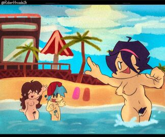 1boy 2d 2girls alternate_version_at_source asian_female auburn_hair balls beach black_hair blue_balls blue_hair boyfriend_(friday_night_funkin) casual dark_blue_hair female friday_night_funkin girlfriend_(friday_night_funkin) hairy_pussy male nene_(newgrounds) newgrounds nipples nonsexual_nudity nude nude_beach nudism nudist_beach ocean penis pico's_school pubic_hair pussy robertarcade standing_in_water tasteful_nudity