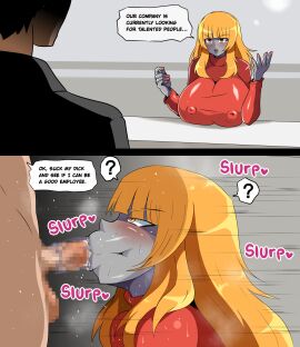 1boy 1girls 2_panel_comic 2koma :>= ? angry angry_face angry_fellatio annoyed aquila_and_teren balls black_hair black_shirt blowjob blowjob_face blush breasts breasts_bigger_than_head breasts_on_table breath censored colored_nails colored_skin comic comic_page conversation cum cum_drip cum_in_mouth cumdis desk english_text eye_contact fellatio fellatio_face female gray_lips gray_lipstick gray_lipstick_mark gray_skin grey_lips grey_lipstick grey_skin huge_breasts instant_loss instant_loss_2koma intense_blowjob kimea_(aquila_and_teren) large_breasts lipstick lipstick_mark lipstick_on_penis long_hair male monster_girl motion motion_blur motion_lines nail_polish nails nipple_bulge nipples nipples_visible_through_clothing office office_lady oral oral_sex orange_eyes orange_hair penis precum precum_drip question_mark red_eyes red_nail_polish red_nails saliva sequence sequential sidelocks speech_bubble steam sucking sucking_penis sweat table talking testicles translated