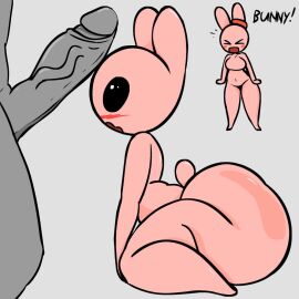 2024 anthro black_eyes blush bunny_maloney bunny_maloney_(character) candy_bunny duo female gay genitals grey_background grey_body hamish huamnenoughbb lagomorph leporid male mammal penis penis_on_face pink_body rabbit simple_background tagme thick_thighs