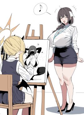 2girls bikini blue_archive bra_visible_through_clothes breasts closed_eyes_smile female female_only female_sensei_(blue_archive) huge_ass huge_breasts ibuki_(blue_archive) mask shirt skirt xipa