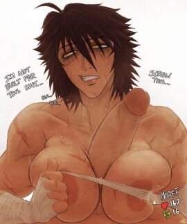 1boy 1girls athletic athletic_female bandage big_breasts big_penis breast_squeeze breast_squish breasts clenched_teeth color embarrassed female large_breasts large_penis looking_away male muscular muscular_female nipples nr4ces oc original original_character paizuri penis pov scars sec4 secretly_loves_it short_hair sweat tagme tanned tomboy waste_(nr4ces) wrapped_hands