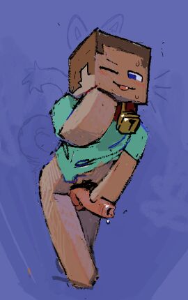 blush brown_hair cat_boy cat_collar cat_ears cat_tail catboy foreskin male male_only minecraft penis precum_drip pubic_hair purple_eyes steve_(minecraft) sweating tongue tongue_out uncircumcised uncut unretracted_foreskin winking_at_viewer worm_(artist)