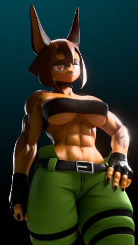 1girls 2024 3d abs annoyed barely_contained_breasts belt big_thighs black_topwear breasts brown_eyes brown_hair canine choker doberman dog_ears dog_girl dog_knight_rpg female female_only fingerless_gloves furry green_pants hand_on_hip long_ears looking_at_viewer mathias_foxxo_(artist) muscles muscular muscular_female orange_eyes pants pinscher rileyfoxxo rory_(ceehaz) solo solo_female sweat sweaty_body sweaty_breasts toned tube_top underboob