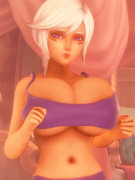 1girls 3d animated armpits arms_up bouncing_breasts cia_(the_legend_of_zelda) cleavage dark-skinned_female female_focus huge_breasts hyrule_warriors looking_at_viewer navel nurico purple_eyes red_pupils shirt_lift short_hair solo the_legend_of_zelda white_hair