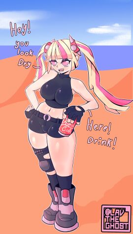 big_breasts blonde_hair breasts clothing female fortnite fortnite:_battle_royale lavtheghost lennox_rose_(fortnite) navel pink_eyes rnclothed shorts thick_thighs twintails