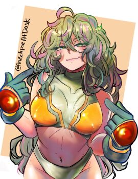 1girls aneclipseatdusk artist_name boku_no_hero_academia female gloves green-haired_female green_eyes green_hair light-skinned_female light_skin midriff my_hero_academia my_hero_academia_(finale) pointing_at_self post-timeskip smiling tight_clothing tooru_hagakure tooru_hagakure_(post-timeskip) tooru_hagakure_(visible)