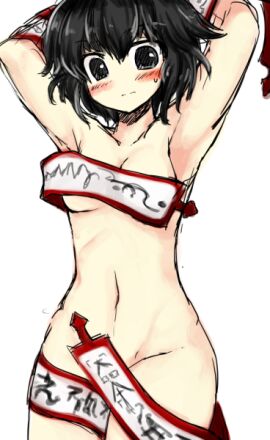 1girls 2d 2d_(artwork) anmita armpits arms_behind_back arms_up barely_visible_genitalia belly belly_button black_eyes black_hair blush breasts completely_nude convenient_censoring covered_nipples covering covering_breasts female len'en medium_breasts nude nude_female senri_tsurubami solo_female solo_focus sweat sweatdrop talisman