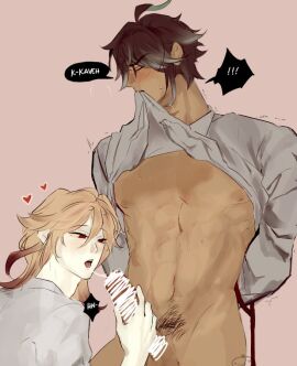 alhaitham_(genshin_impact) blowjob censored censored_penis gay genshin_impact kaveh_(genshin_impact) male penis yaoi