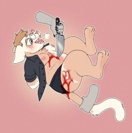 anthro blonde_hair bodily_fluids clothed clothing disembodied_hand domestic_cat ear_piercing eyewear felid feline felis ghost_hands ghost_werevold hair hairless hairless_cat hi_res kinksiyo knife knife_play mammal mutilation partially_clothed piercing short_hair solo sphynx_(cat) tail tail_pull