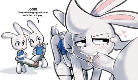 anal anal_sex annoyed anthro ass balls being_watched bodily_fluids bottomless bottomwear ciavs ciavs_(chracter) clothed clothing cum cum_in_mouth cum_inside dialogue english_text erection erection_under_clothing fellatio femboy gay gay_male genital_fluids genitals gesture group hand_gesture head_tuft heart_symbol hi_res humanoid_genitalia humanoid_penis ineffective_clothing lagomorph leporid looking_at_another male male/male mammal oral oral_penetration panties panties_down partially_clothed penetration penile penis pointing pointing_at_another rabbit rabbit_ears scut_tail sex short short_tail shorts size_difference small_but_hung small_dom_big_sub tail talking_to_another text tuft underwear underwear_down white_body yaoi