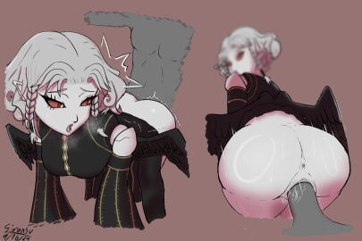 agrat_bat_mahlat_(megami_tensei) anus artist_name ass ass_focus black_clothing black_wings bottomless braided_hair breasts butt_focus dated demon demon_girl faceless_character female fimpoopoo grey_hair grey_penis male medium_breasts megami_tensei penetration penis pussy red_eyes saliva_string shin_megami_tensei shin_megami_tensei_v shin_megami_tensei_v:_vengeance short_hair sweatdrop vaginal_penetration vaginal_sex wet_penis