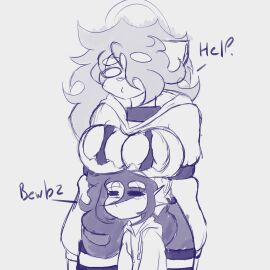 2girls :^ alien alien_girl alien_humanoid alien_look_like_human angel angel_girl angie_920_(brock903) anglerfish big_breasts breast_press breasts breasts_on_head brock903 closed_eyes dialogue embarrassed female fins fish fish_girl friends funny hair_over_one_eye hoodie humor monochrome not_porn oc original_character primate_humanoid short_hair shortstack sketch taller_female white_background zaveve_902_(brock903)