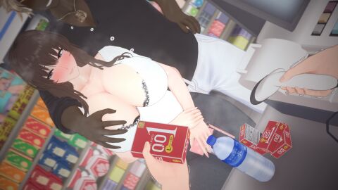 1boy 1girls 3d 3d_(artwork) 3d_render blush blush_lines brown_hair brown_hair_female buying_condoms clothed clothed_female_clothed_male clothed_male_clothed_female clothing condom condom_box dahlia_(tachumi) dark-skinned_male dark_skin employee_pov grabbing_breasts koikatsu light-skinned_female light-skinned_male not_porn scanning_items shaking_hands tachumi uncomfortable