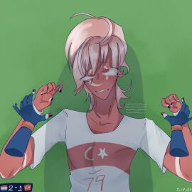 blue_eyes​ countryhumans euro_2024​ male male_focus netherlands_(countryhumans) premlnwza007 red_eyes red_skin shadow sitting_on_another sitting_on_person soccer_field​ turkey_(countryhumans) white_hair white_shirt​