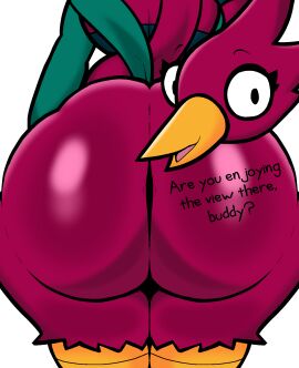 anthro ass avian beak big_ass big_butt dialogue feathers female hi_res huge_ass huge_butt lewdewott looking_at_viewer pepper_(suggestivebug) raised_tail rear_view solo standing tail thick_thighs