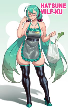 1girls aged_up alternate_body_type apron breast_spill breasts female glasses grin grinning grinning_at_viewer grocery_bag hatsune_miku hatsune_milf-ku high_heel_boots high_heels leek milf naked_apron no_bra older_female pearl_necklace pigtails rizdraws shopping_bag skindentation smug smug_face smug_grin thick_thighs thigh_high_boots thighhighs thighs twintails vocaloid