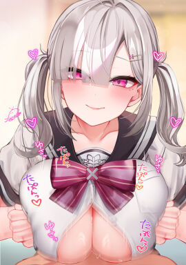 1boy blush bow bowtie breasts brown_sailor_collar closed_mouth collarbone commentary_request female festa11307070 grey_hair grey_serafuku heart huge_breasts long_hair looking_at_viewer male nijisanji paizuri pink_bow pink_bowtie pink_eyes sailor_collar school_uniform serafuku short_sleeves smile solo_focus sukoya_kana sukoya_kana_(3rd_costume) translation_request twintails virtual_youtuber