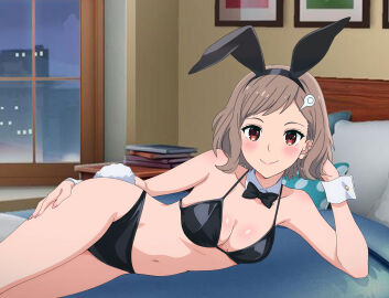 1girls black_bikini breasts brown_hair cleavage female medium_breasts short_hair string_bikini