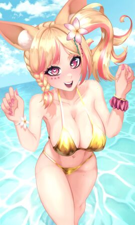 1girls 2024 2d 2d_(artwork) animal_ears belly_button big_breasts bikini bikini_bottom bikini_top blonde_hair bra braided_hair breasts bunny_ears bunny_girl chromevt cleavage clouds covered_nipples day female female_focus female_only flower flower_in_hair flowers front_view golden_bikini golden_bikini_bottom golden_bikini_top heart-shaped_pupils high_resolution highres huge_breasts just_4ngels latam_virtual_youtuber light-skinned_female light_skin looking_at_viewer medium_hair navel ocean outdoors pink_eyes pink_hair pink_nails revealing_clothes side_ponytail sky smiling smiling_at_viewer solo solo_female solo_focus standing standing_in_water summer swimsuit thong thong_bikini two-tone_hair two_piece_swimsuit virtual_youtuber voluptuous voluptuous_female vtuber vtuberfanart water young younger_female