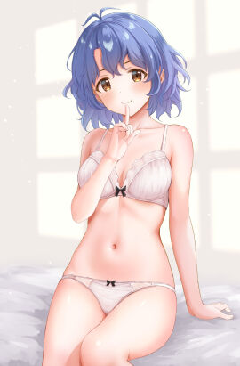 ahoge bed_sheet blue_hair blush brown_eyes ca_paria cute cute_face female idolmaster idolmaster_million_live! navel short_hair smile solo toyokawa_fuuka wavy_hair white_background white_underwear window_light