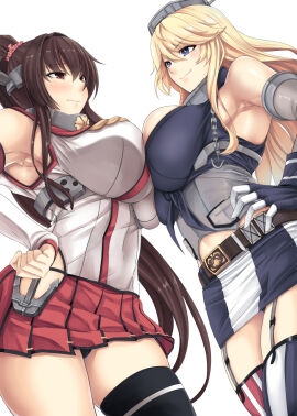 2girls akiman_pose anchor black_trim blonde_hair blue_eyes blush breast_contest breast_press breasts brown_hair catfight cherry_blossoms clothing_cutout confrontation detached_sleeves embarrassed face_to_face female female_only fingerless_gloves flower gloves hair_flower hair_ornament headgear highres iowa_(kantai_collection) kantai_collection kinntarou large_breasts long_hair miniskirt multiple_females multiple_girls pleated_skirt ponytail red_skirt rivalry shoulder_cutout side_cutout skirt smile standing staredown symmetrical_docking thighhighs white_background yamato_(kantai_collection)