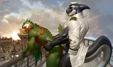 2024 aduran anal anal_sex anthro avian balcony beak bird cetacean clothing digital_drawing_(artwork) digital_media_(artwork) dolphin fur furry hat headgear headwear hi_res male mammal marine muscular muscular_anthro muscular_male oceanic_dolphin orca outside parrot penetration sailor_uniform sex shirt tail teeth toothed_whale topwear